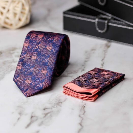Kék Rózsaszín Mintás Nyakkendő + Díszzsebkendő