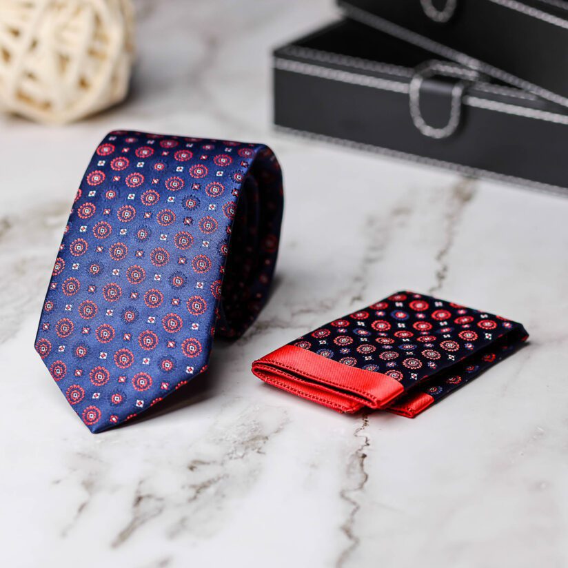 Kék-Piros Apró Mintás Nyakkendő + Díszzsebkendő