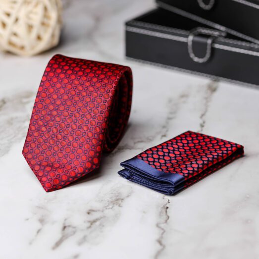 Piros-Kék mintás Nyakkendő + Díszzsebkendő