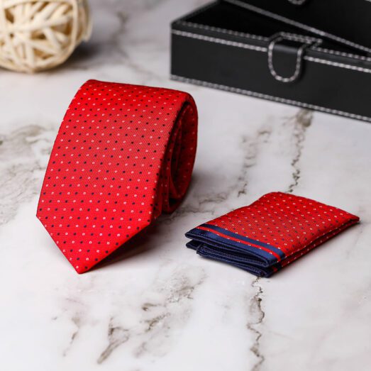 Piros,Kék-Fehér Pöttyös Nyakkendő + Díszzsebkendő