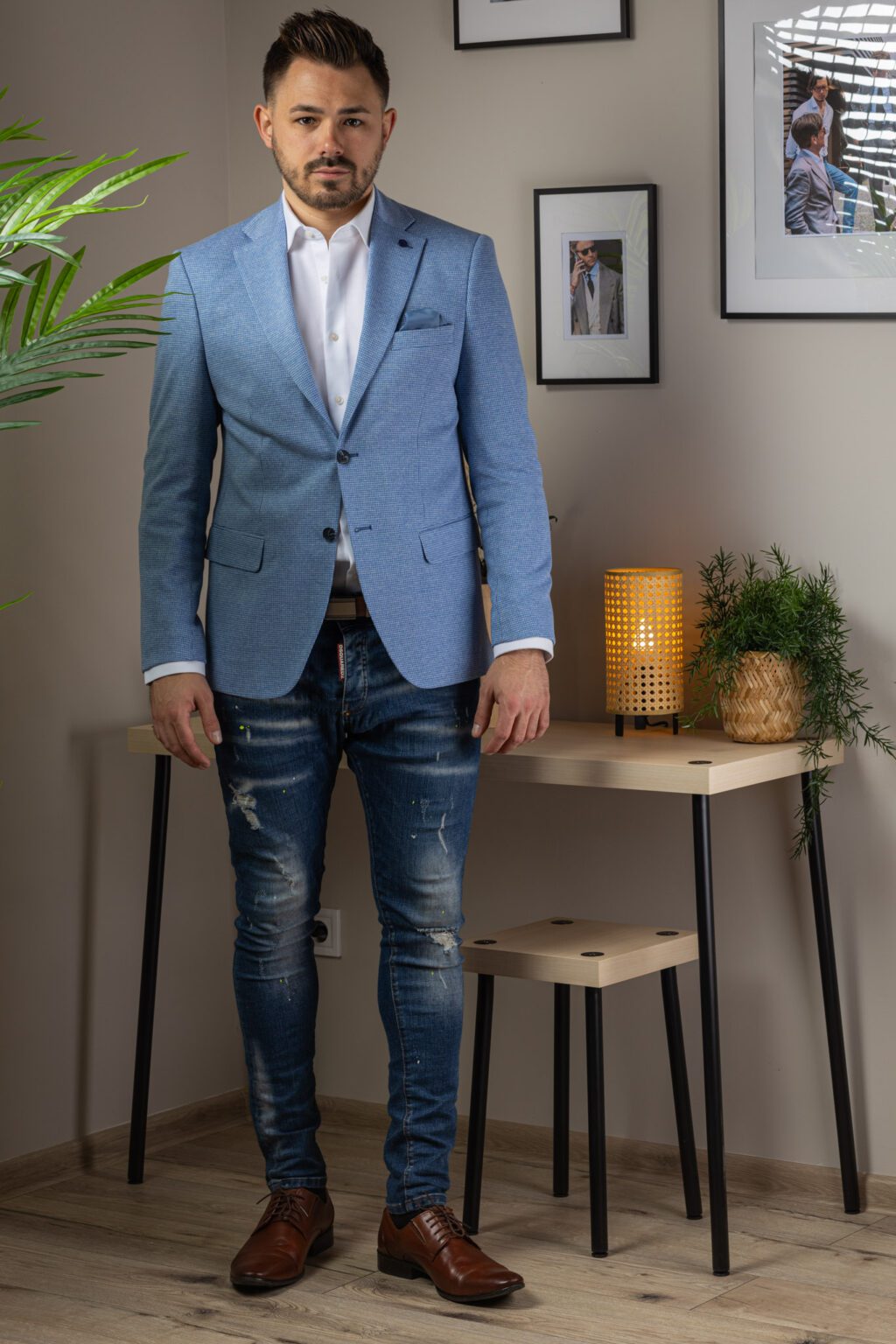 Világoskék Pepita Slim Fit Sportzakó