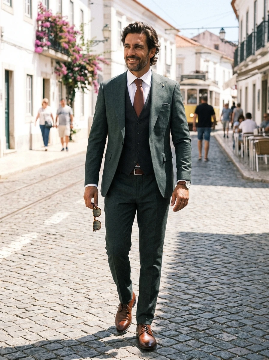 Zöld Mintás Háromrészes Slim Öltöny