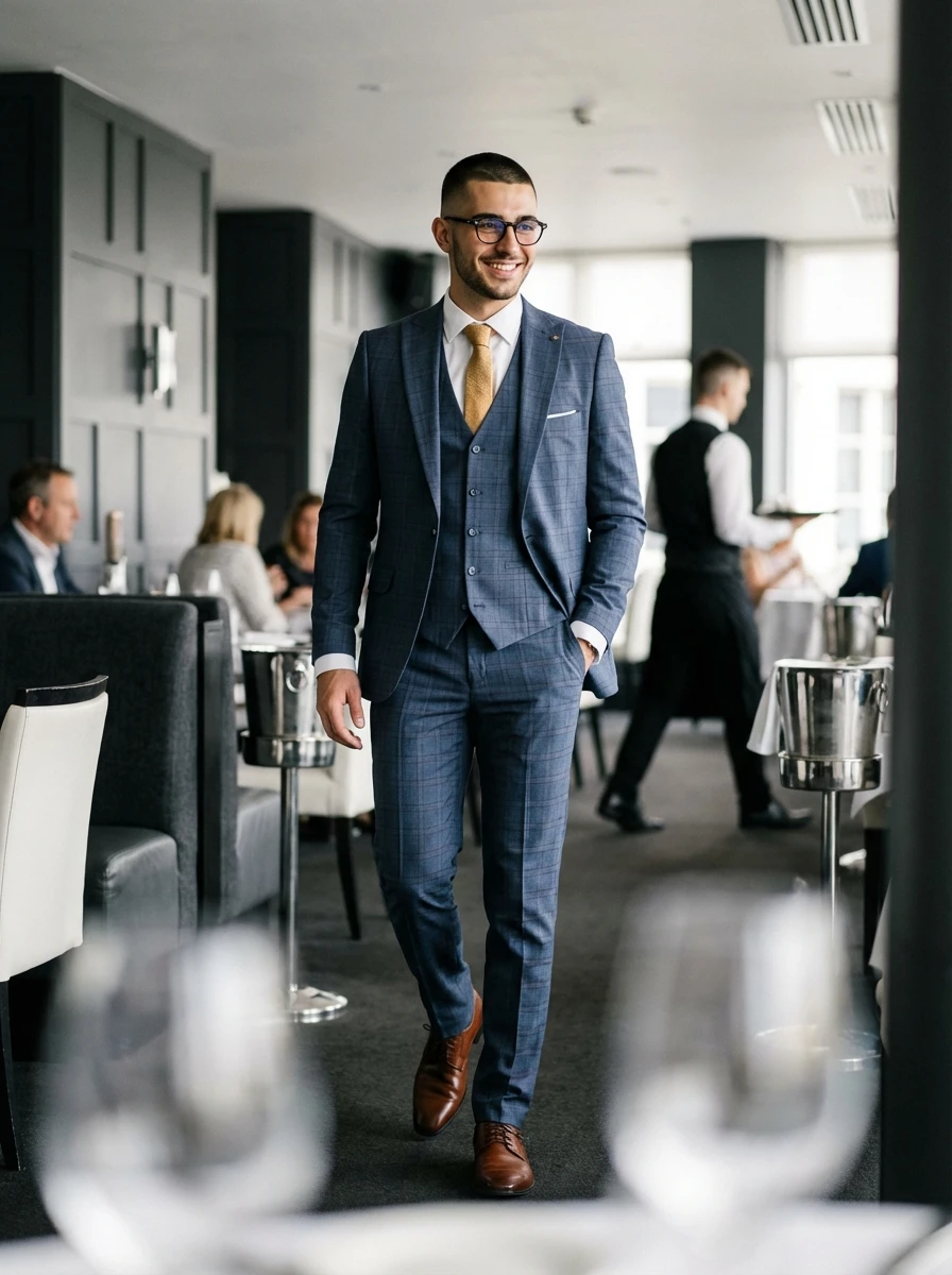 Kék Kockás Háromrészes Slim Öltöny