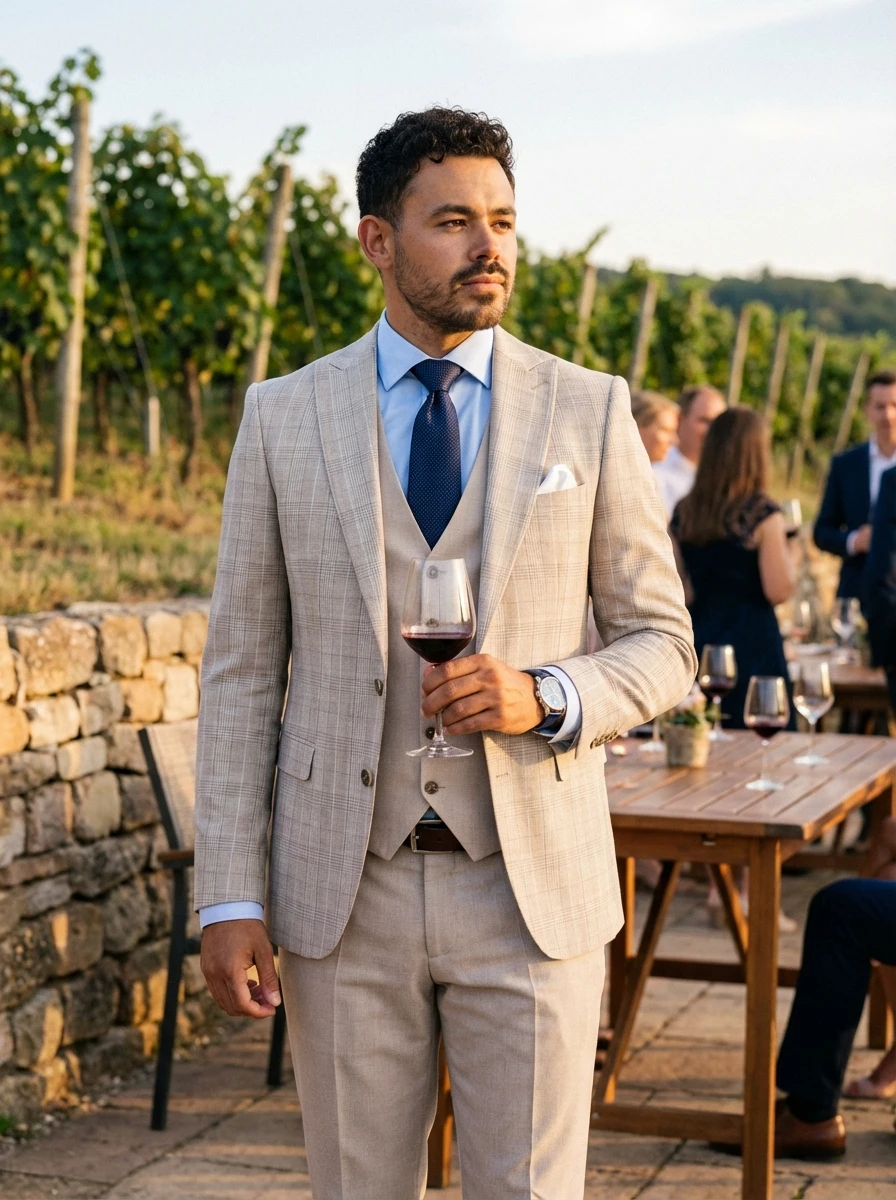 Drapp Kockás Háromrészes Slim Öltöny