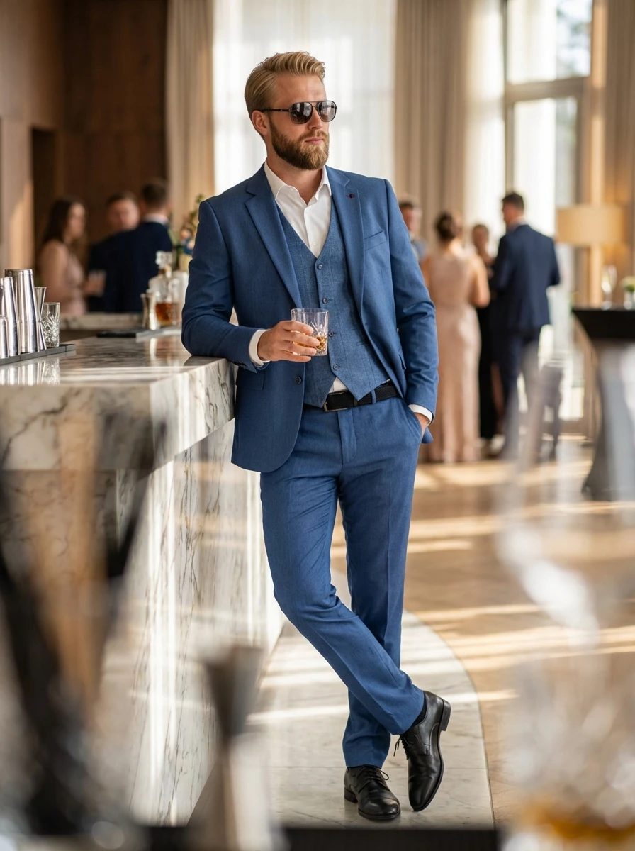 Világoskék Ötrészes Slim Öltöny