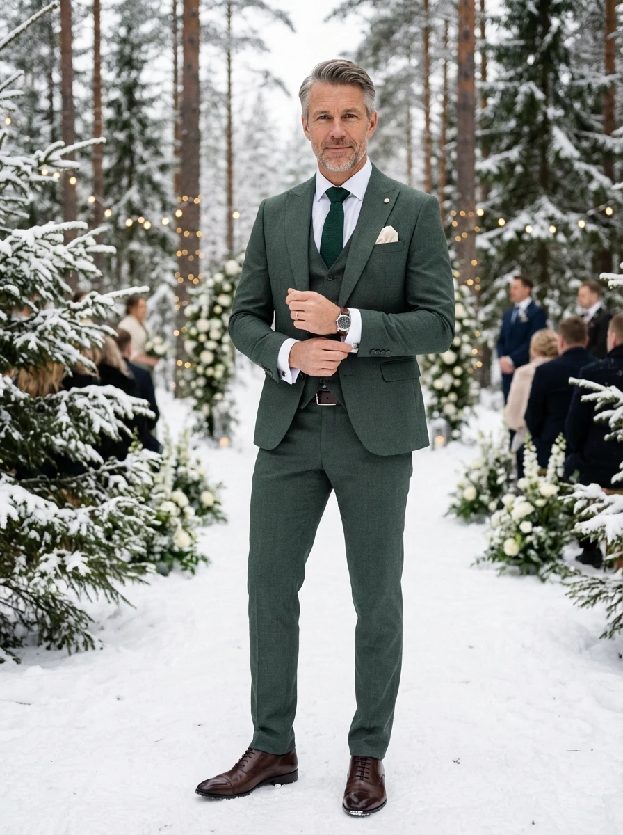 Sötét Zöld Háromrészes Slim Öltöny