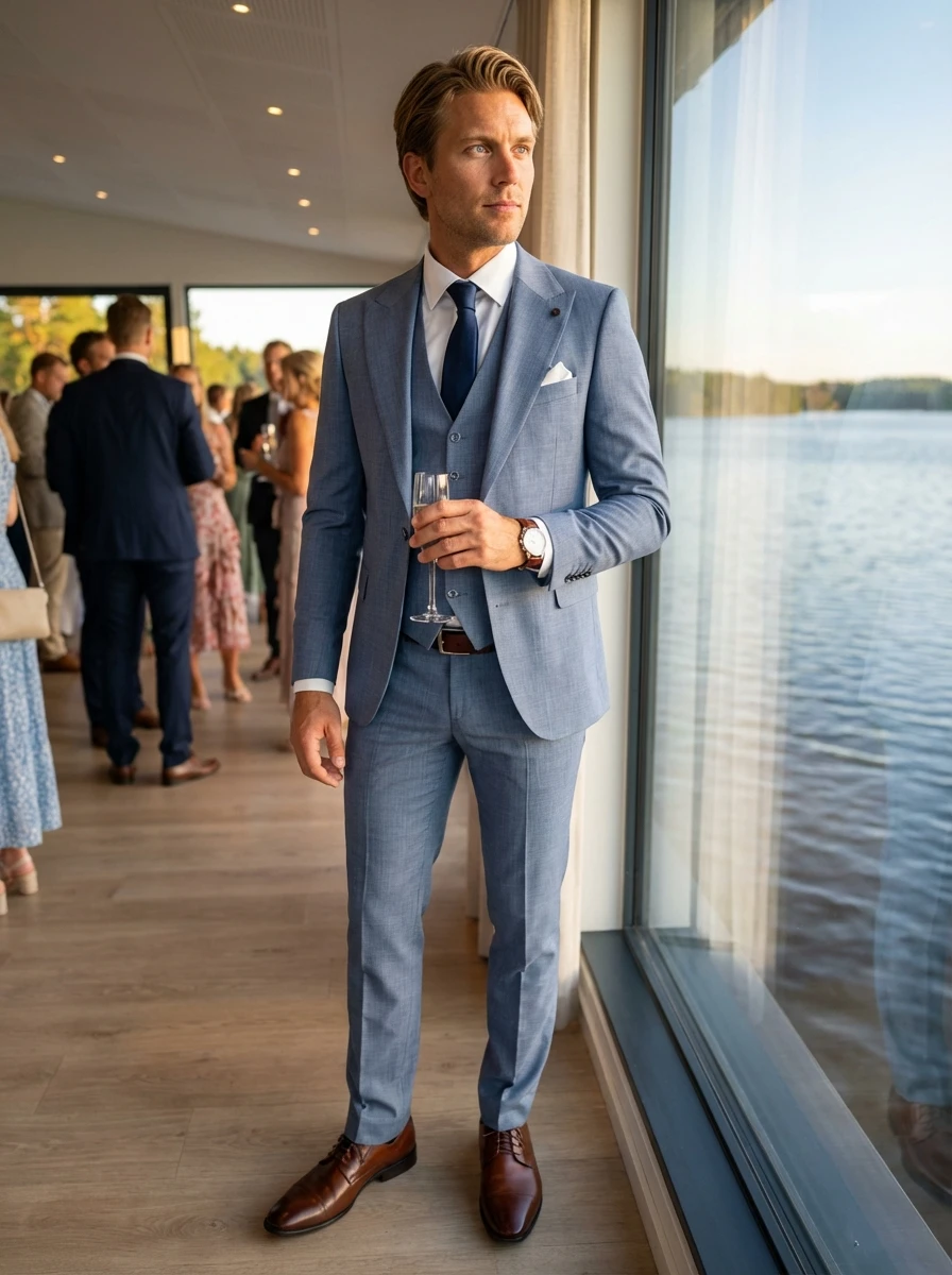 Kék Háromrészes Slim Öltöny