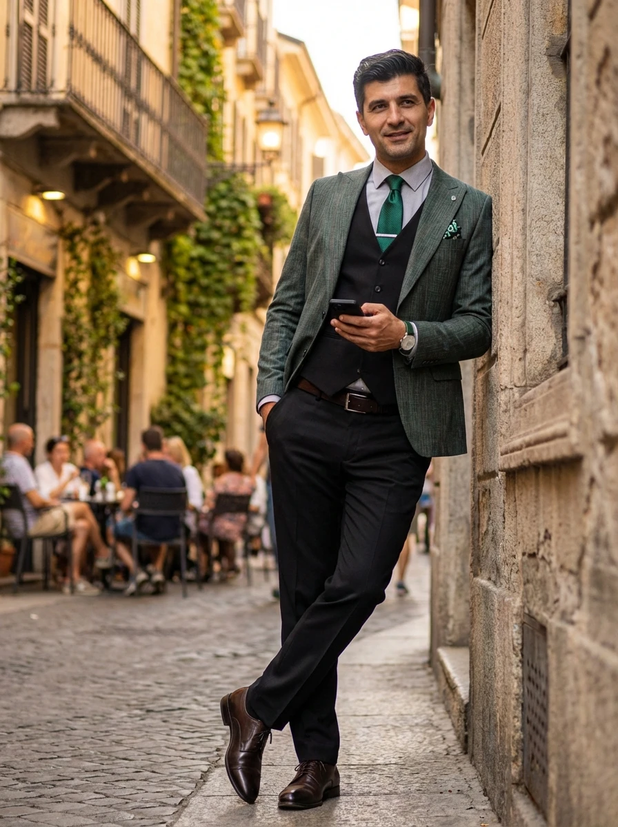 Zöld Kockás Slim Fit Háromrészes Öltöny