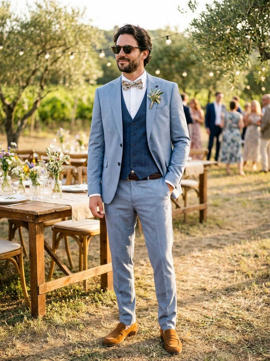 Világos Kék Háromrészes Slim Öltöny