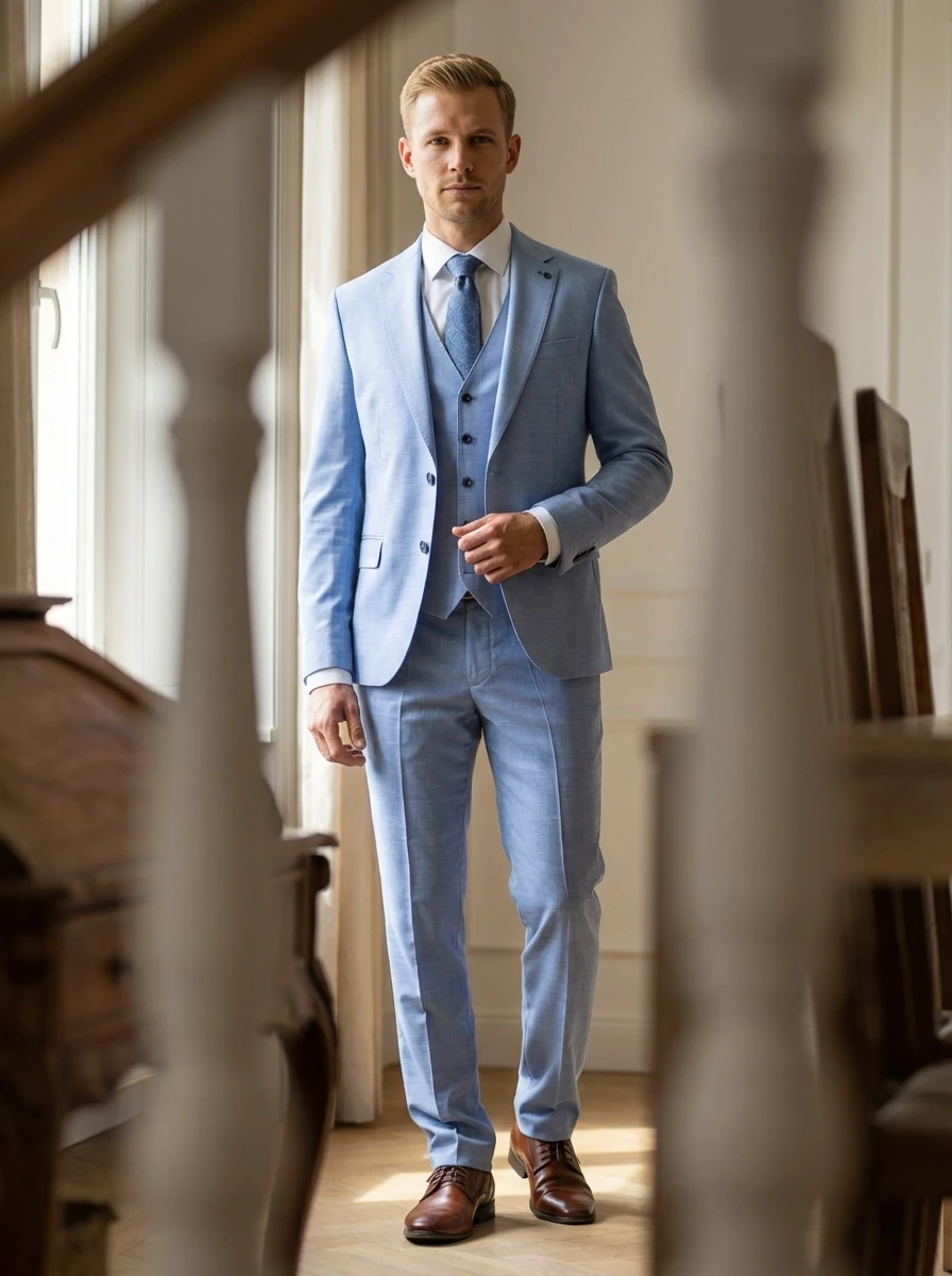 Felhőkék Háromrészes Slim Öltöny