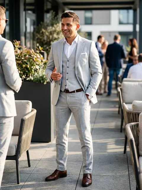 Világosszürke Háromrészes Slim Öltöny