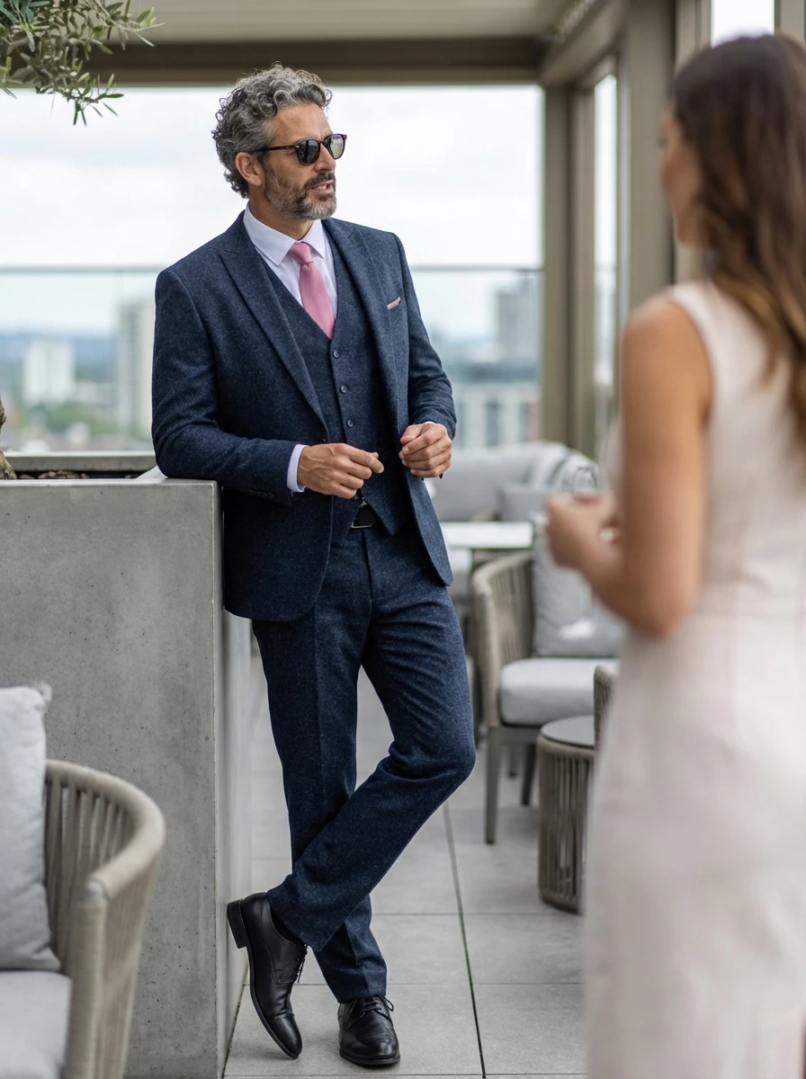 Szürke Kék Mintás Háromrészes Slim Öltöny