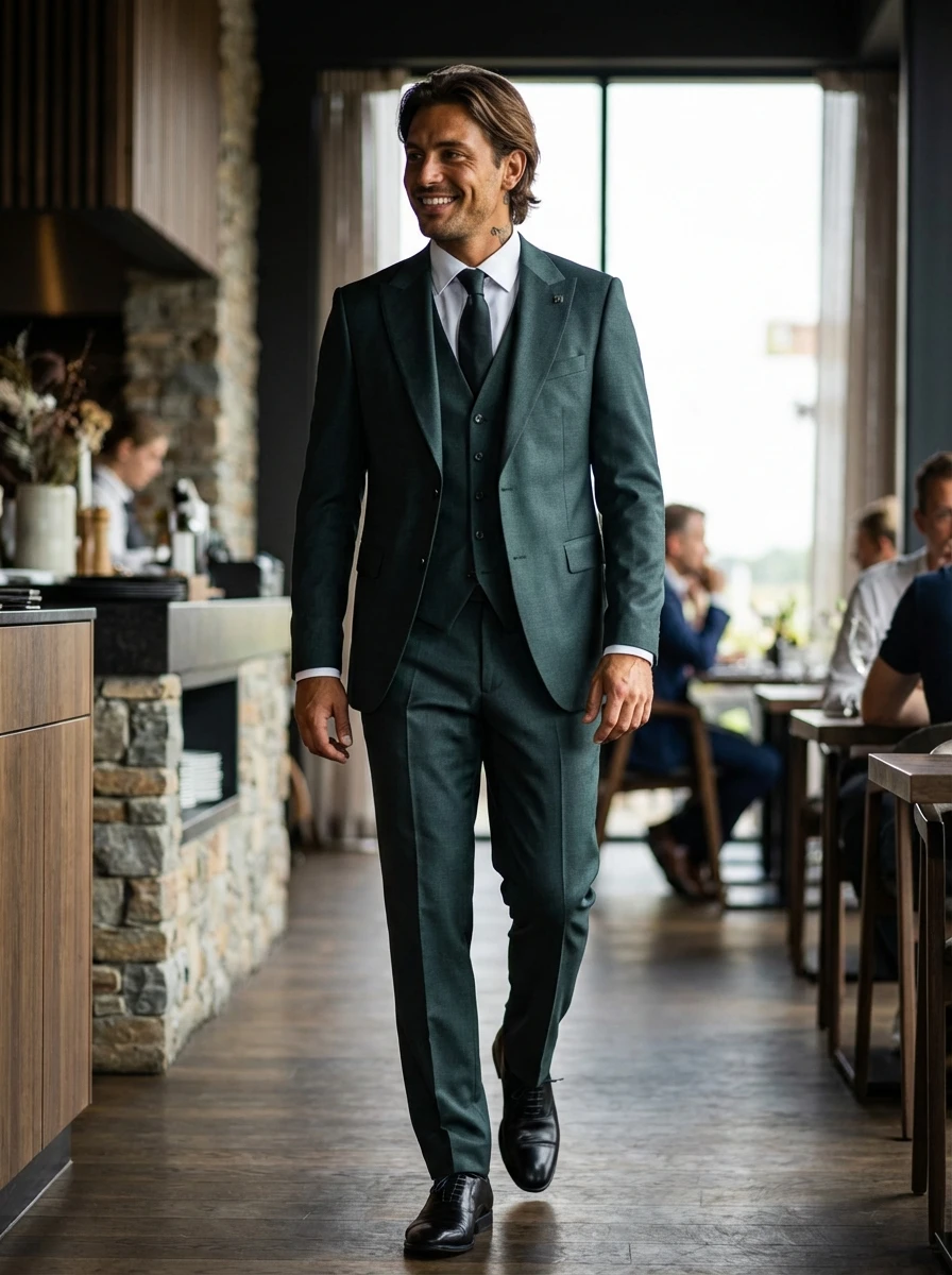 Fenyőzöld Háromrészes Slim Öltöny