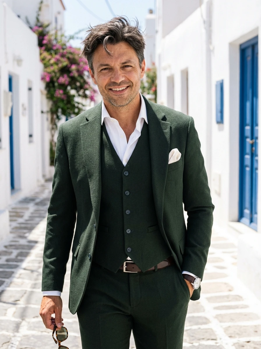 Sötétzöld Háromrészes Slim Öltöny