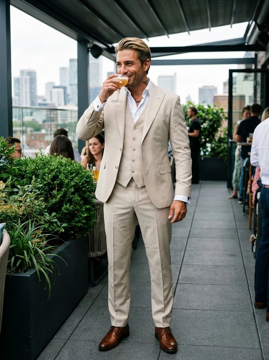 Világos Drapp Háromrészes Slim Öltöny