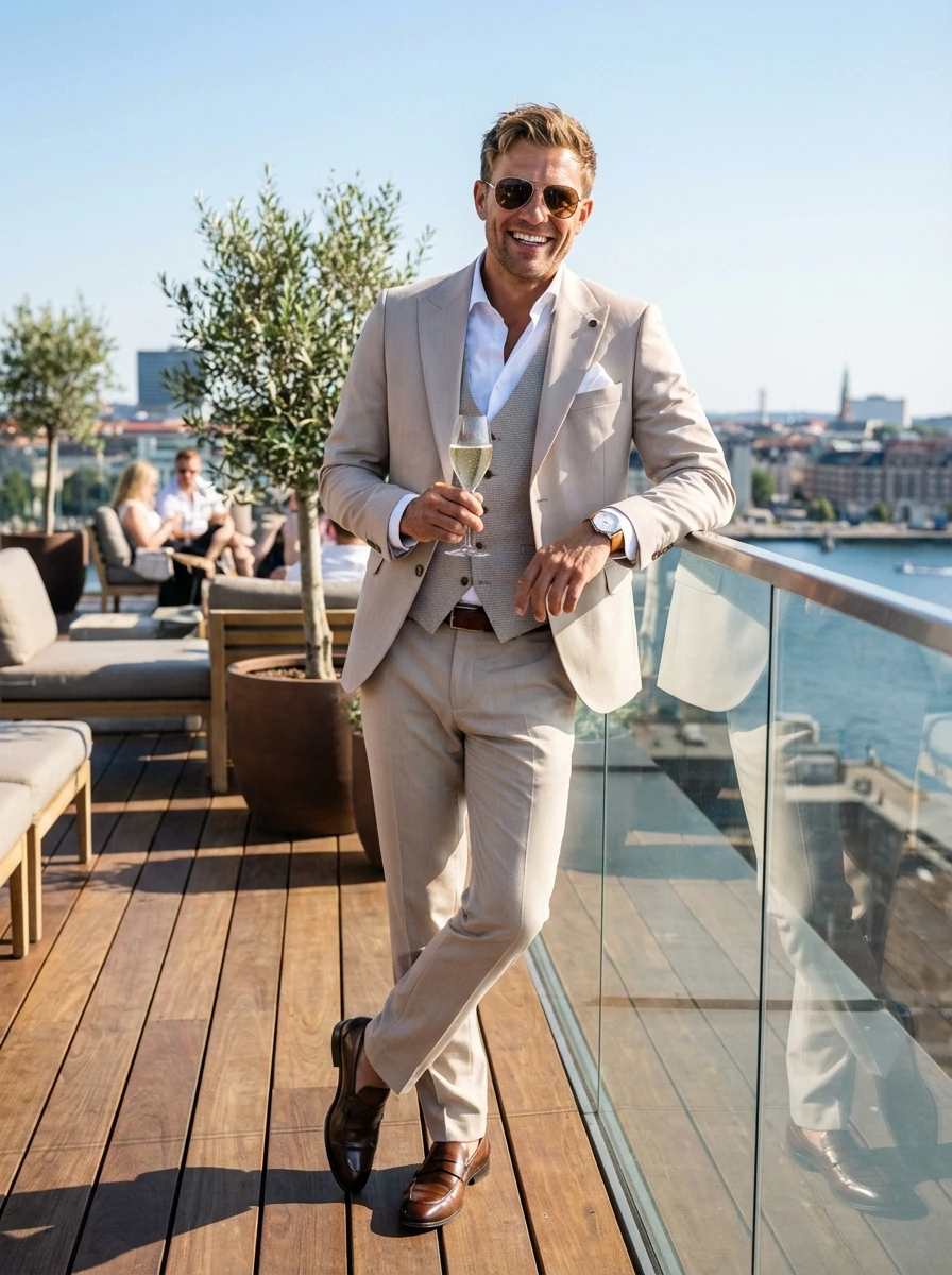 Beige Háromrészes Slim Öltöny