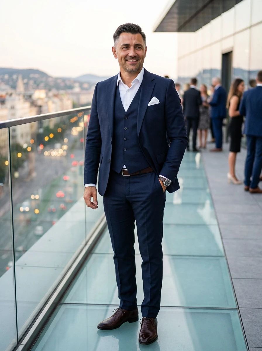 Sötét Kék Háromrészes Slim Öltöny