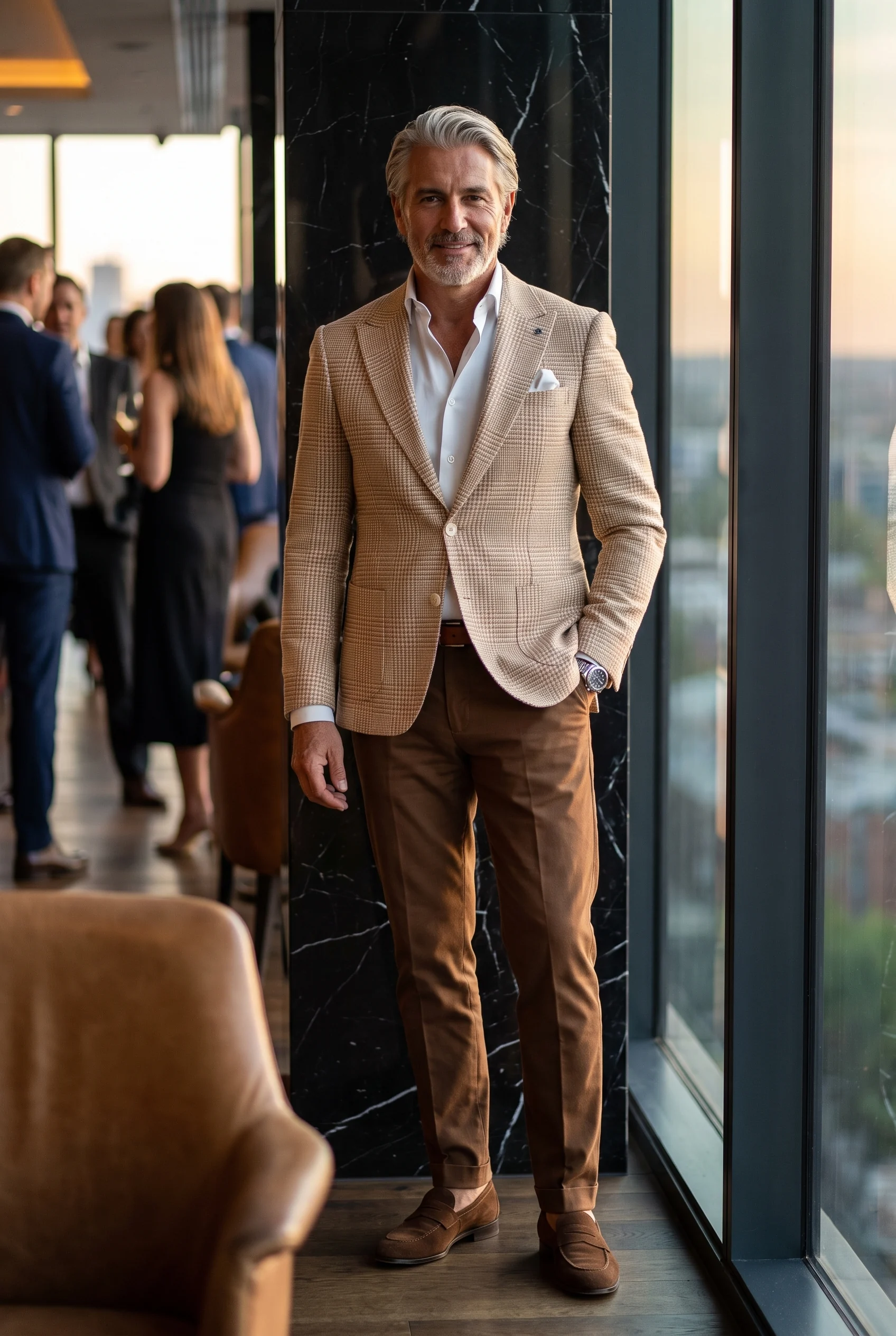 Krém Barna Nagy Kockás Slim Fit Sportzakó