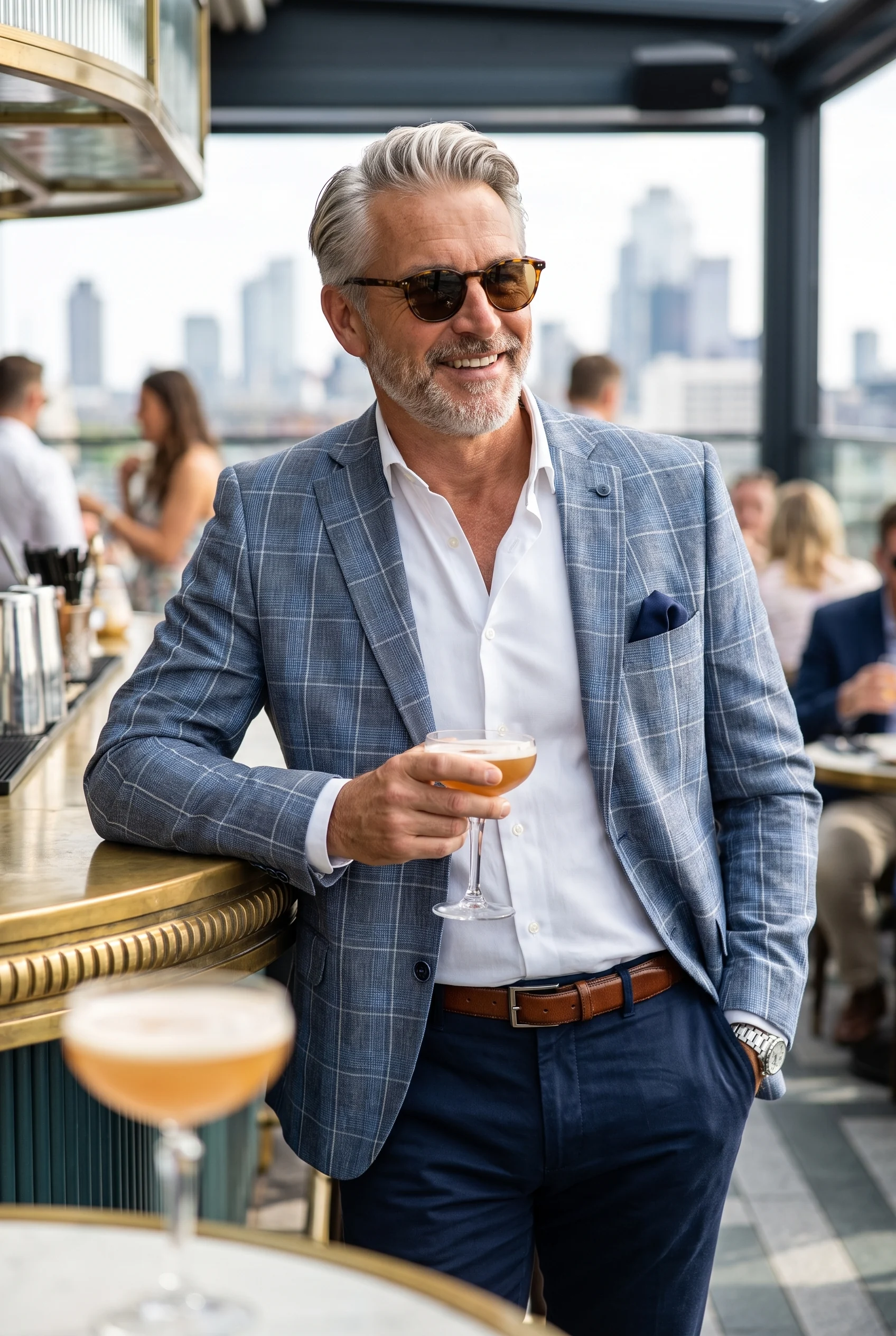 Szürke Kék Fehér Kockás Slim Fit Sportzakó