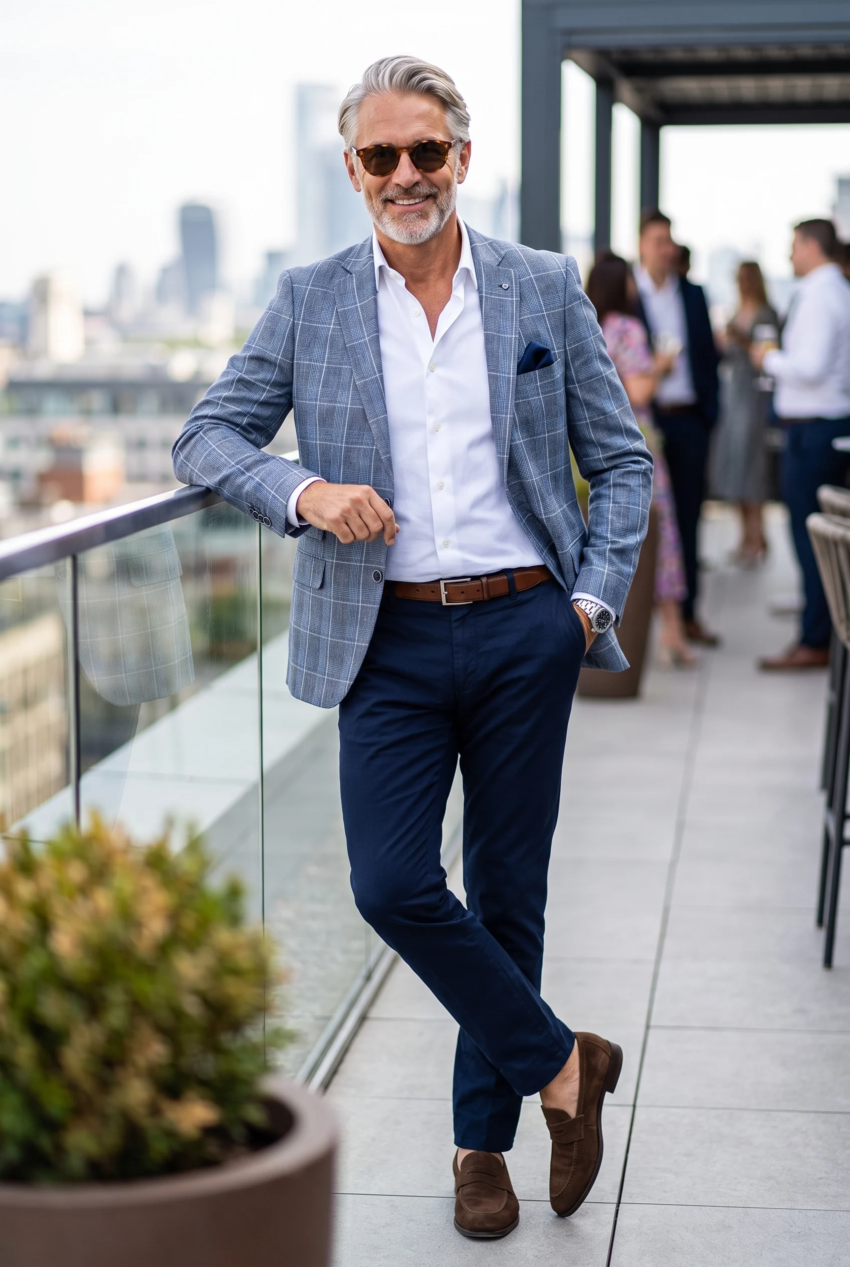 Szürke Kék Fehér Kockás Slim Fit Sportzakó