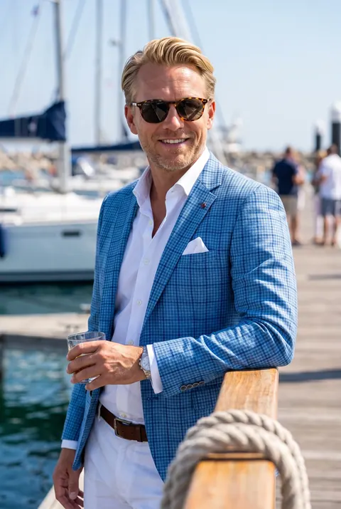 Középkék kockás Slim Fit Sportzakó
